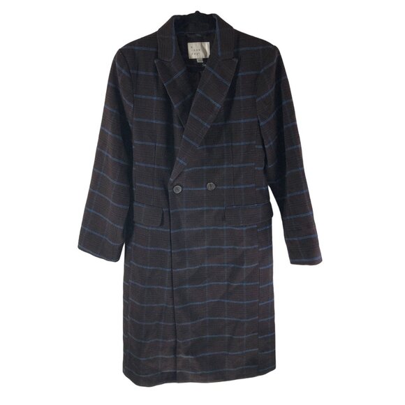 A New Day Womens Brown & Blue Plaid Long Trench Coat Wool Blend Size S - Picture 1 of 4